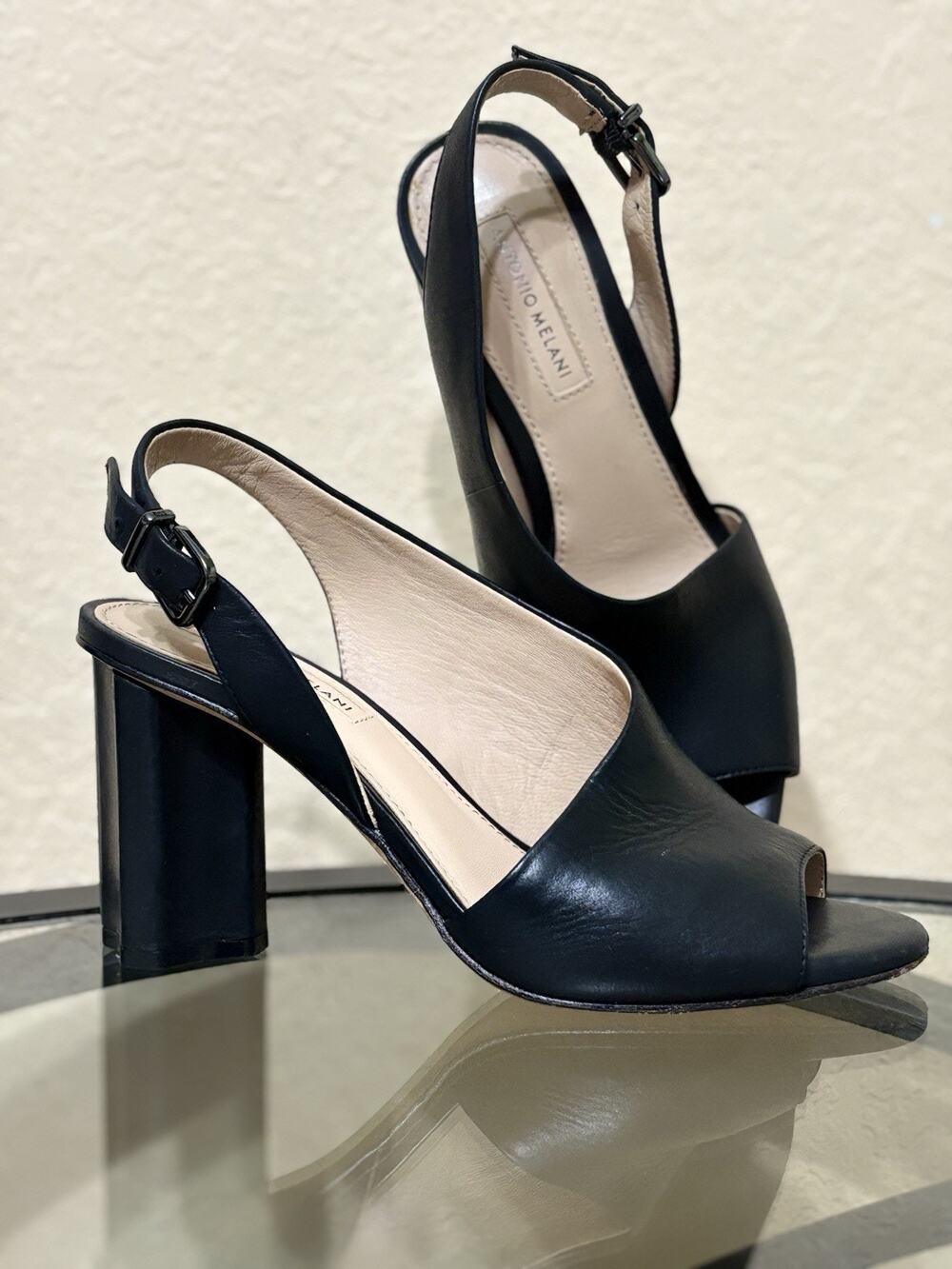 Antonio Melani Women’s Black Brinay Leather Peep Toe Slingback Sandals 6 M